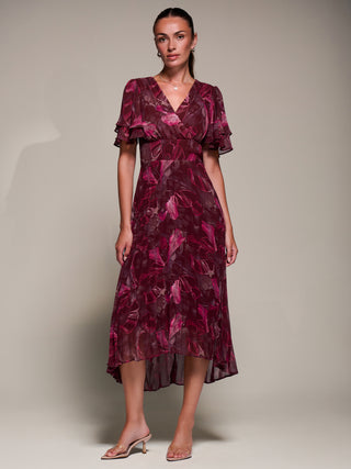 Angel Sleeve Pleated Chiffon Midaxi Dress, Burgundy Abstract