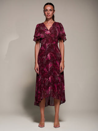 Angel Sleeve Pleated Chiffon Midaxi Dress, Burgundy Abstract