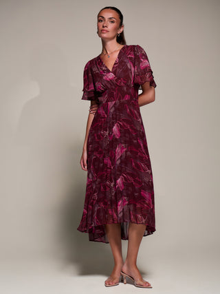 Angel Sleeve Pleated Chiffon Midaxi Dress, Burgundy Abstract