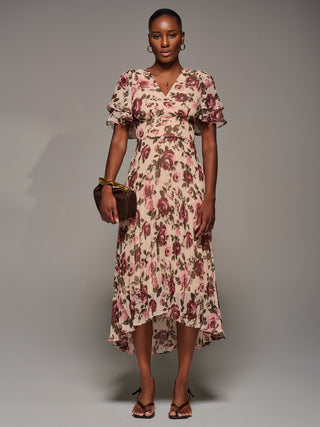 Angel Sleeve Pleated Chiffon Midaxi Dress, Cream Floral