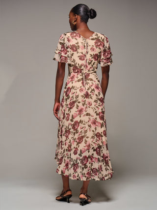 Angel Sleeve Pleated Chiffon Midaxi Dress, Cream Floral