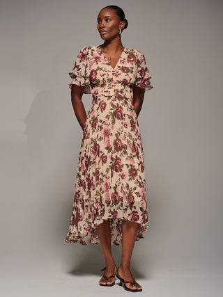 Angel Sleeve Pleated Chiffon Midaxi Dress, Cream Floral