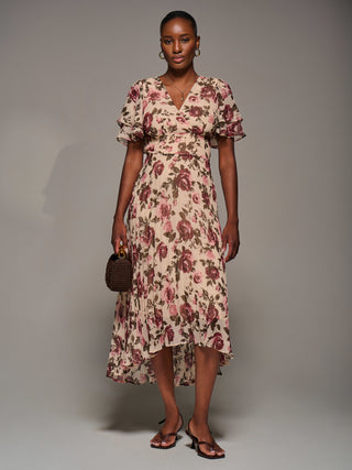 Angel Sleeve Pleated Chiffon Midaxi Dress, Cream Floral