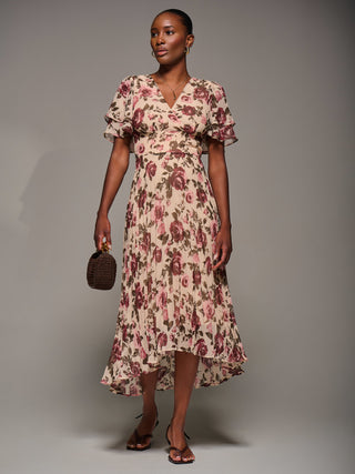 Angel Sleeve Pleated Chiffon Midaxi Dress, Cream Floral
