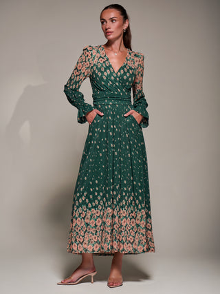 Mirrored Print Long Sleeve Mesh Maxi Dress, Green Floral