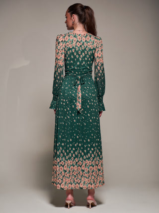 Mirrored Print Long Sleeve Mesh Maxi Dress, Green Floral