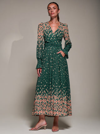 Mirrored Print Long Sleeve Mesh Maxi Dress, Green Floral