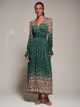 Mirrored Print Long Sleeve Mesh Maxi Dress, Green Floral