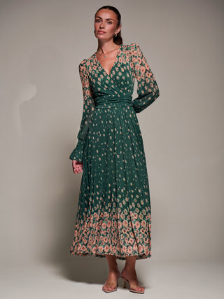 Mirrored Print Long Sleeve Mesh Maxi Dress, Green Floral