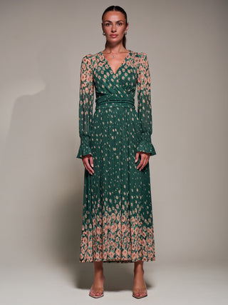Mirrored Print Long Sleeve Mesh Maxi Dress, Green Floral