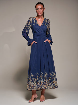 Mirrored Print Long Sleeve Mesh Maxi Dress, Navy Floral