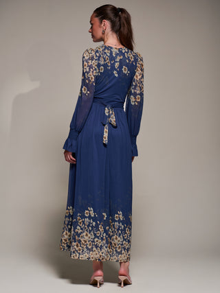 Mirrored Print Long Sleeve Mesh Maxi Dress, Navy Floral