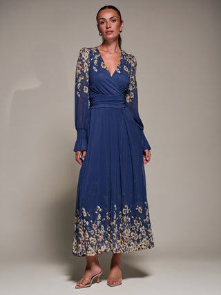 Mirrored Print Long Sleeve Mesh Maxi Dress, Navy Floral