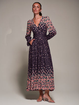 Mirrored Print Long Sleeve Mesh Maxi Dress, Purple Floral