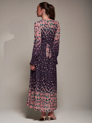 Mirrored Print Long Sleeve Mesh Maxi Dress, Purple Floral
