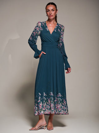 Mirrored Print Long Sleeve Mesh Maxi Dress, Teal Floral