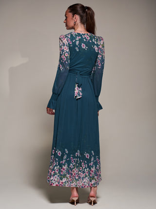 Mirrored Print Long Sleeve Mesh Maxi Dress, Teal Floral