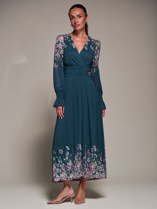 Mirrored Print Long Sleeve Mesh Maxi Dress, Teal Floral