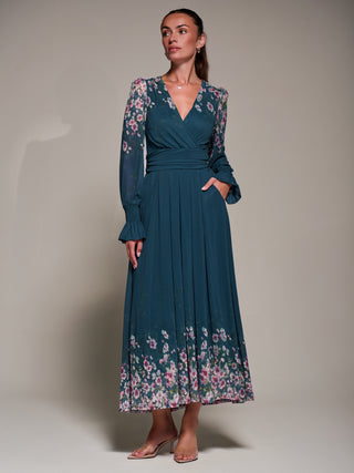 Mirrored Print Long Sleeve Mesh Maxi Dress, Teal Floral