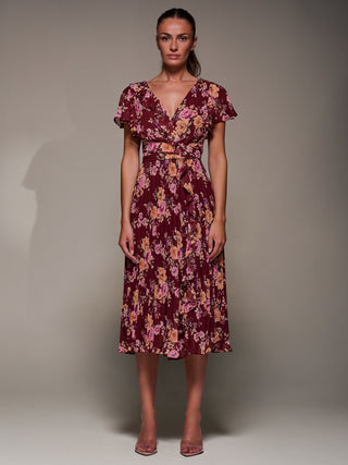 Printed Ruffle Detail Pleated Chiffon Midi Dress, Burgundy Floral