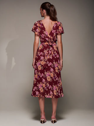 Printed Ruffle Detail Pleated Chiffon Midi Dress, Burgundy Floral