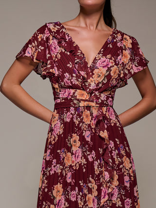 Printed Ruffle Detail Pleated Chiffon Midi Dress, Burgundy Floral