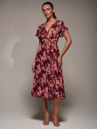 Printed Ruffle Detail Pleated Chiffon Midi Dress, Burgundy Floral
