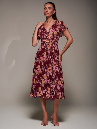 Printed Ruffle Detail Pleated Chiffon Midi Dress, Burgundy Floral
