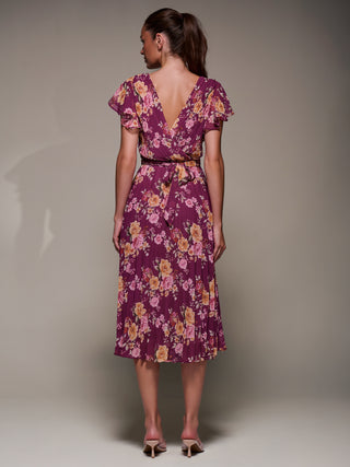Printed Ruffle Detail Pleated Chiffon Midi Dress, Fuchsia Floral