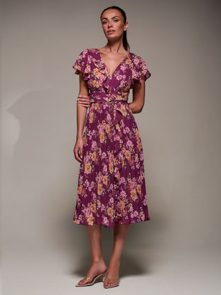 Printed Ruffle Detail Pleated Chiffon Midi Dress, Fuchsia Floral