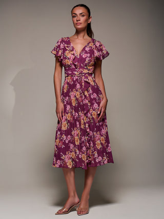 Printed Ruffle Detail Pleated Chiffon Midi Dress, Fuchsia Floral