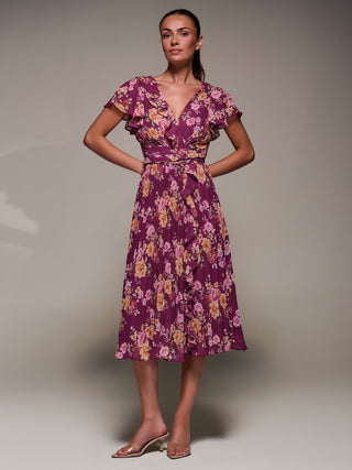 Printed Ruffle Detail Pleated Chiffon Midi Dress, Fuchsia Floral