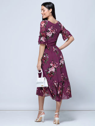 Maab Mesh Ruffle Sleeve Midi Dress, Dusty Purple