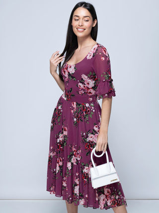 Maab Mesh Ruffle Sleeve Midi Dress, Dusty Purple