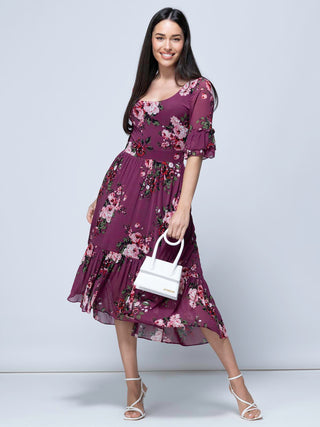 Maab Mesh Ruffle Sleeve Midi Dress, Dusty Purple