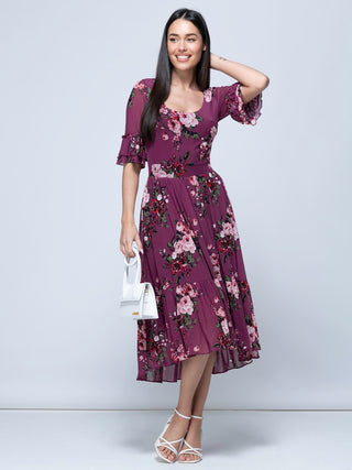 Maab Mesh Ruffle Sleeve Midi Dress, Dusty Purple