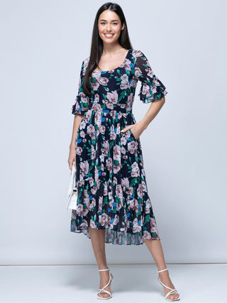 Maab Mesh Ruffle Sleeve Midi Dress, Navy Floral