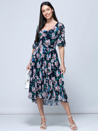Maab Mesh Ruffle Sleeve Midi Dress, Navy Floral