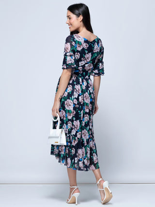 Maab Mesh Ruffle Sleeve Midi Dress, Navy Floral