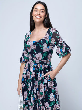 Maab Mesh Ruffle Sleeve Midi Dress, Navy Floral