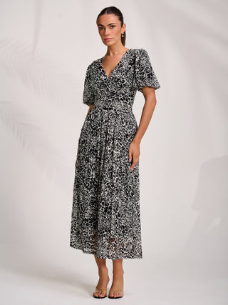 Puff Sleeve Printed Lace Maxi Dress, Black Animal