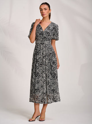 Puff Sleeve Printed Lace Maxi Dress, Black Animal