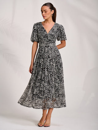 Puff Sleeve Printed Lace Maxi Dress, Black Animal