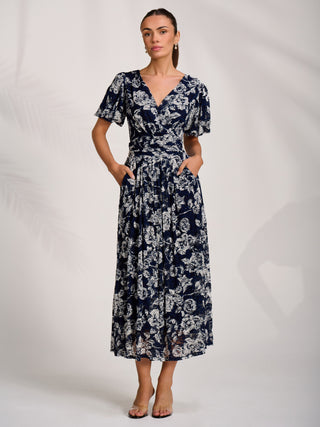 Puff Sleeve Printed Lace Maxi Dress, Navy Floral