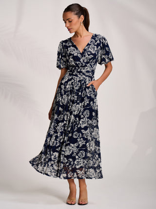 Puff Sleeve Printed Lace Maxi Dress, Navy Floral