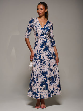 Jersey Fit & Flare Maxi Dress, Navy Abstract