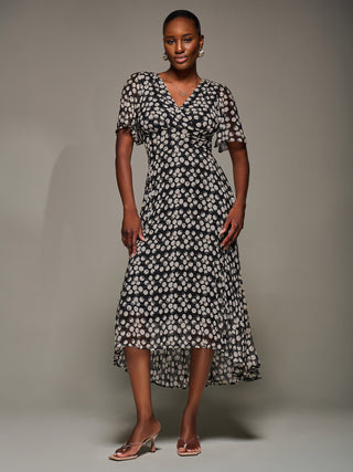 Chiffon Floaty Sleeved Midaxi Dress, Black Spot