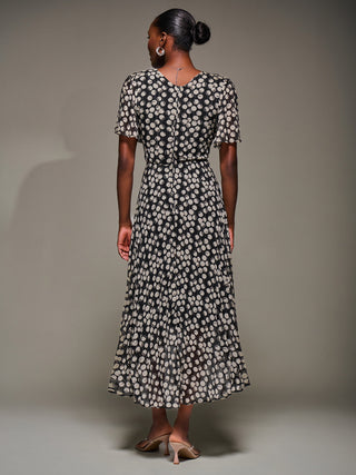 Chiffon Floaty Sleeved Midaxi Dress, Black Spot