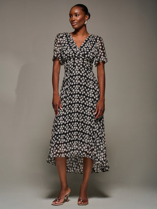 Chiffon Floaty Sleeved Midaxi Dress, Black Spot