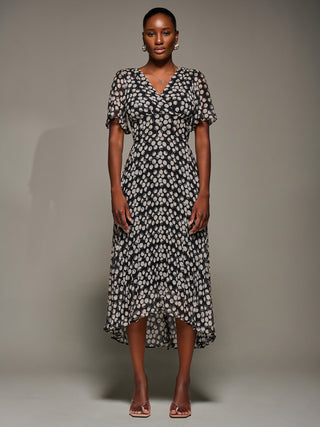 Chiffon Floaty Sleeved Midaxi Dress, Black Spot